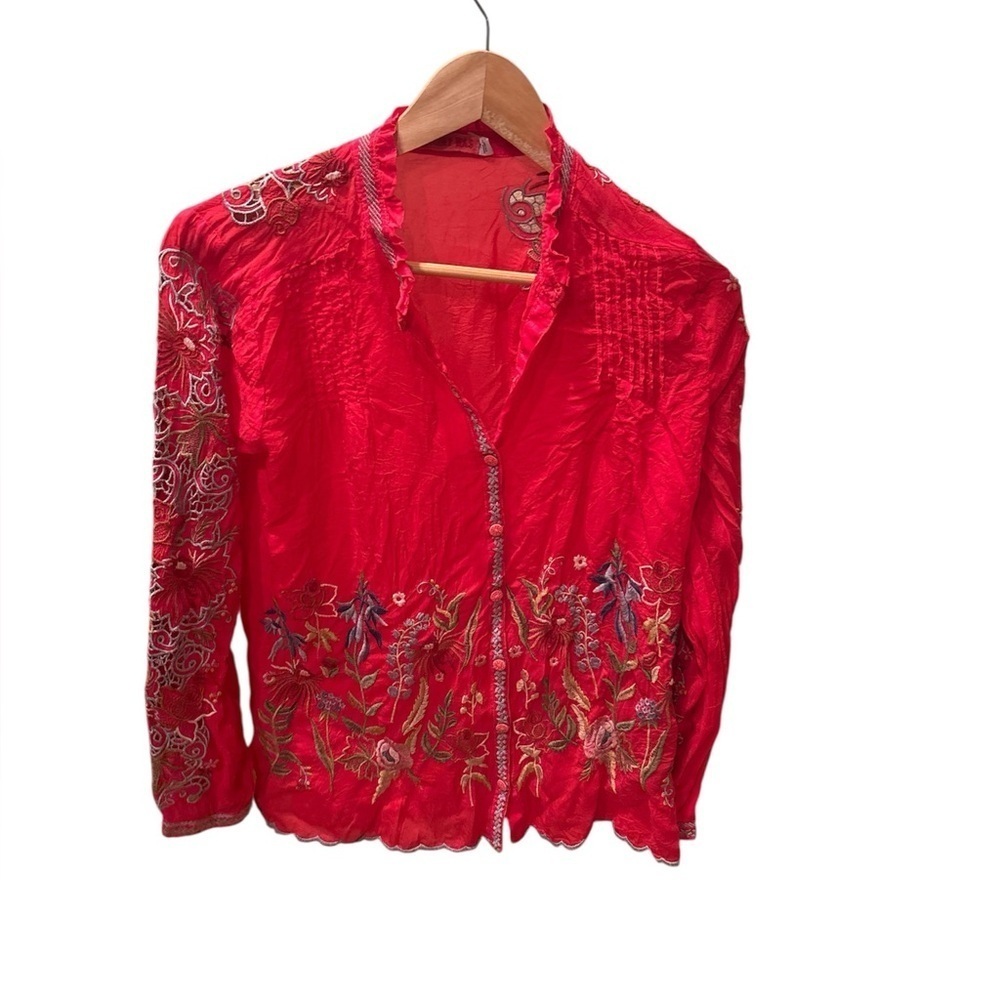 Johnny Was Red Floral Embroidered Blouse